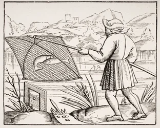 The Pond Fisherman, após uma xilogravura em &39;Cosmografia Universal&39; de 1549, de &39;A Idade Média e o Renascimento&39; de Paul Lacroix (1806-84) publicou 1847